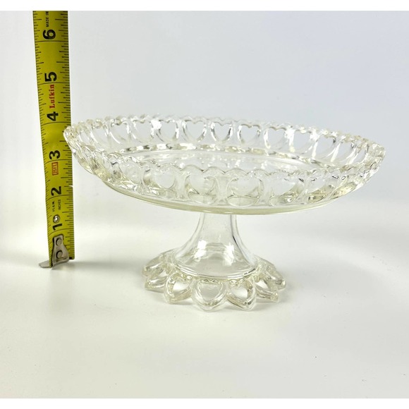 Vintage Clear Glass Footed Cake Pedestal Open Lace Heart Shaped Cut Outs - Picture 9 of 9